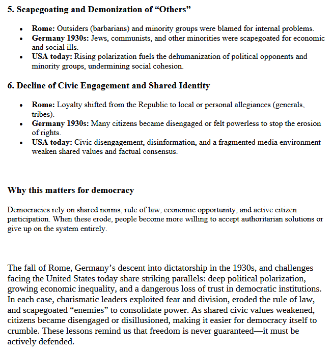 Pier Walker (@walkthepier) on Twitter photo <a href="/thejackhopkins/">Jack Hopkins</a> 👍👍👍👍👍
A friend of mine asked ChatGPT the following question:
"What are the similarities between the fall of Rome, Germany in the 1930s and the USA today that threaten our democracy?"
ChatGPT's response made for a concise and thought-provoking read. ▼▼▼ <a href="/thejackhopkins/">Jack Hopkins</a> 👍👍👍👍👍
A friend of mine asked ChatGPT the following question:
"What are the similarities between the fall of Rome, Germany in the 1930s and the USA today that threaten our democracy?"
ChatGPT's response made for a concise and thought-provoking read. ▼▼▼