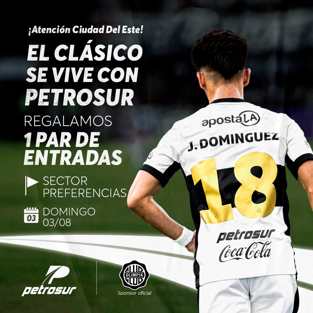 Si estás en Alto Paraná o pensás viajar a CDE  para el Clásico, podés ganar 1 par de entradas  sector Preferencia para ver a Olimpia el Domingo 03/08.

✅Seguinos.
✅Dale  RT a esta publicación.
✅Arrobá en los comentarios a tu acompañante.

 Sorteamos el Viernes a las 13:00 hs.