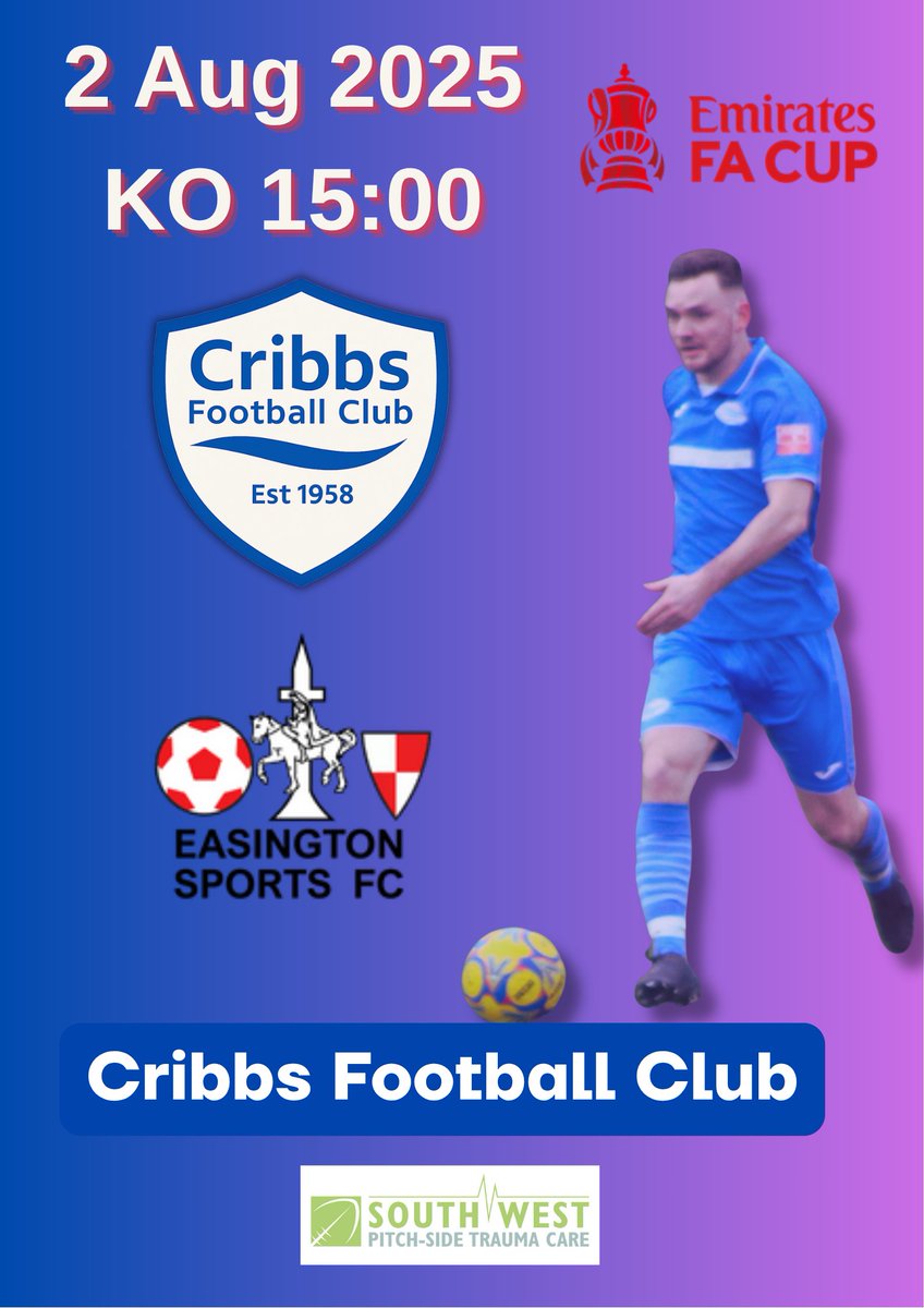 Cribbs Football Club (@cribbsfc) on Twitter photo ๐๐
๐ ๐๐ฎ๐ฉ ๐
๐ข๐ฑ๐ญ๐ฎ๐ซ๐ - ๐๐๐ญ๐ฎ๐ซ๐๐๐ฒ๐
Football is back at the <a href="/SW_Pitchside/">South West Pitch-Side Trauma Care</a>๐๏ธ this Saturday when we host <a href="/Sports_ESFC/">Easington Sports FC</a> in the <a href="/EmiratesFACup/">Emirates FA Cup</a>
โฐ15:00
๐ทยฃ8 Adult/ยฃ5 Concession
๐Under 16s
๐บBar Open
#bristolfootball ๐๐
๐ ๐๐ฎ๐ฉ ๐
๐ข๐ฑ๐ญ๐ฎ๐ซ๐ - ๐๐๐ญ๐ฎ๐ซ๐๐๐ฒ๐
Football is back at the <a href="/SW_Pitchside/">South West Pitch-Side Trauma Care</a>๐๏ธ this Saturday when we host <a href="/Sports_ESFC/">Easington Sports FC</a> in the <a href="/EmiratesFACup/">Emirates FA Cup</a>
โฐ15:00
๐ทยฃ8 Adult/ยฃ5 Concession
๐Under 16s
๐บBar Open
#bristolfootball