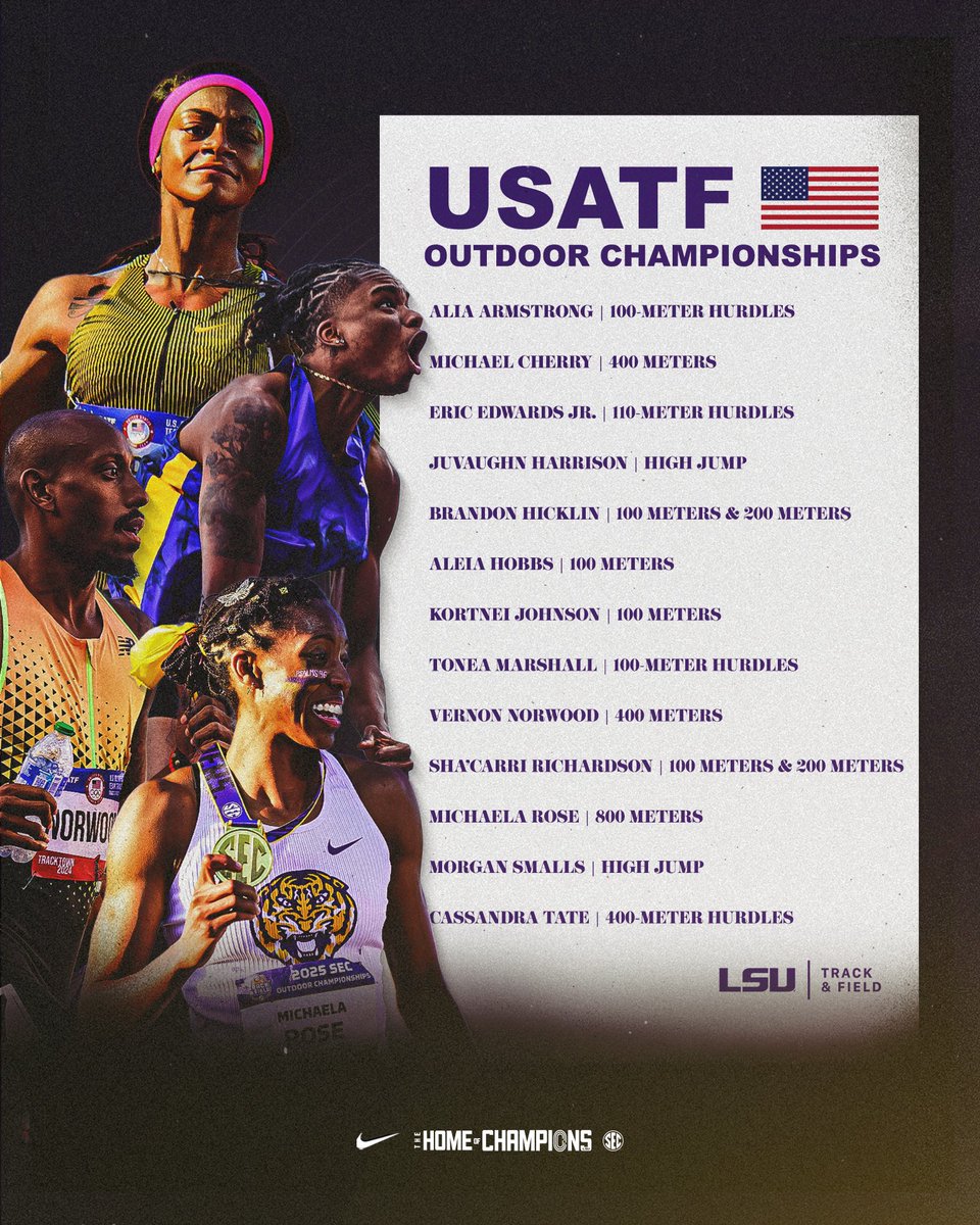 LSU will be represented by 13 current and former student-athletes at the 2025 USATF Outdoor Championships! 🐯🇺🇸

📅 Friday, July 31st - Sunday, August 3rd
📄 lsul.su/4oevWzS