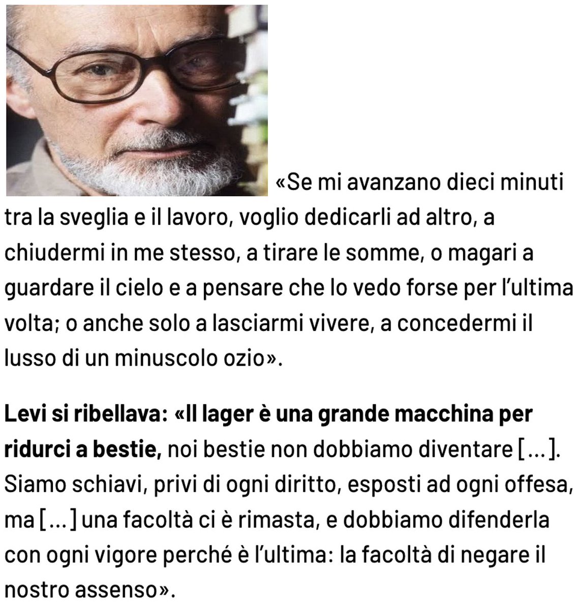 "Sai a cosa serve il campo di concentramento?", scriveva #PrimoLevi attraverso la voce di Steinlauf. A disumanizzarci, a "ridurci come bestie, noi bestie non dobbiamo diventare".
#GeorgeMosse in "Fallen Soldiers" descrisse l'abbrutimento degli stati europei a causa della guerra.