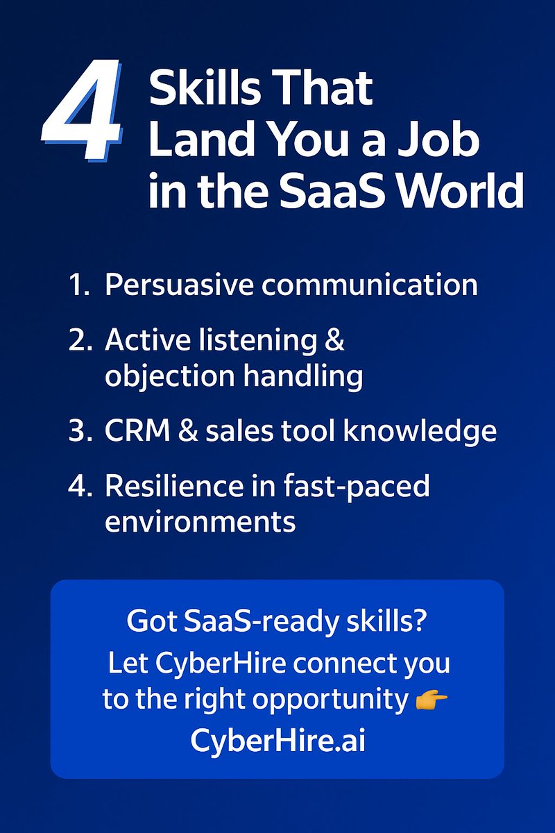 CyberHireAi's tweet photo. 4 skills that get you hired in SaaS 👇
🗣 Persuasive communication
👂 Objection handling
📊 CRM know-how
⚡️ ResilienceBring the skills.

We’ll bring the opportunity.
👉 https://t.co/UJ5OIni0kl #SaaSJobs #SalesCareers #TechHiring #CyberHire #Jobs #Ai #memes #future #salesmemes https://t.co/6ibrRjBieG