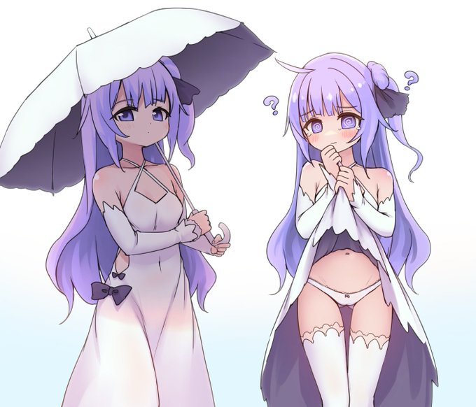 日傘の表地白・裏地黒を見るとユニコーンちゃんのワンピ思い出すのよね～っていうのを説明したい絵だったんだけど、改めて資料調べたらユニコーンちゃんのワンピの裏地黒じゃなかった(お尻側の一部だけ黒っぽい?)ので、単にわけもわからずたくし上げさせられるユニコーンちゃんという謎の絵になった 