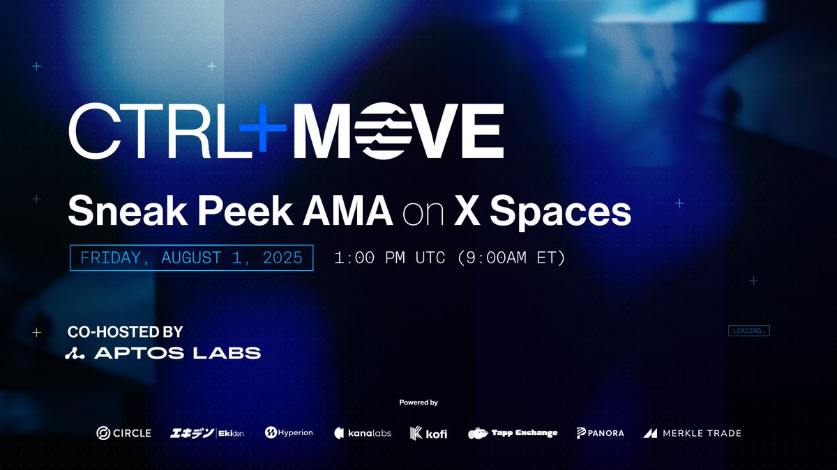 🗓️ Save the Date: Leave your mark and make your MOVE at the upcoming Aptos digital hackathon starting August 4, 2025.

Get in early with pro-tips &amp; alpha at the CTRL+MOVE Sneak Peek AMA—this Friday, August 1, at 1 PM UTC on X Spaces.

🎧 Set a reminder:

x.com/i/spaces/1YpKk…