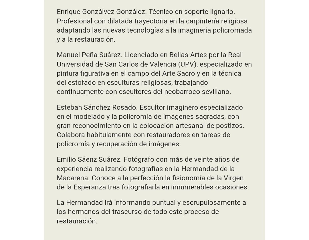 Estandarte de Sevilla (@estandartedesev) on Twitter photo 🟢 #EstandarteDS | La <a href="/Hdad_Macarena/">Hermandad de la Macarena</a> emite un comunicado en el que detalla todo el informe, del <a href="/IAPHpatrimonio/">IAPH</a>, sobre el estado de María Santísima de la Esperanza Macarena
➡️ <a href="/pedro_manzano_/">Pedro Manzano</a> trabajará en las dependencias de la Hermandad, durante los tres meses que se estiman 🟢 #EstandarteDS | La <a href="/Hdad_Macarena/">Hermandad de la Macarena</a> emite un comunicado en el que detalla todo el informe, del <a href="/IAPHpatrimonio/">IAPH</a>, sobre el estado de María Santísima de la Esperanza Macarena
➡️ <a href="/pedro_manzano_/">Pedro Manzano</a> trabajará en las dependencias de la Hermandad, durante los tres meses que se estiman