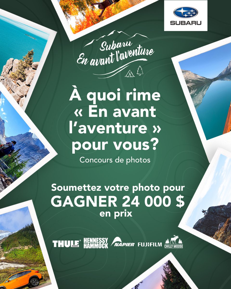 Le concours En avant l’aventure de Subaru est lancé, avec plus de 24 000 $ en prix à gagner. Prenez votre meilleure photo dans un parc et soumettez-la pour une chance de gagner. Participez maintenant : contest.adventureonparks.ca/fr 
Prend fin le 10 septembre.