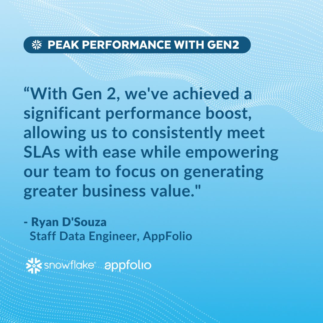 .<a href="/AppFolio/">AppFolio</a> boosted performance on AWS with Gen2 Warehouses to consistently and easily hit their SLAs —with no heavy tuning, no complexity.

Details here 👉 bit.ly/4l37r5W