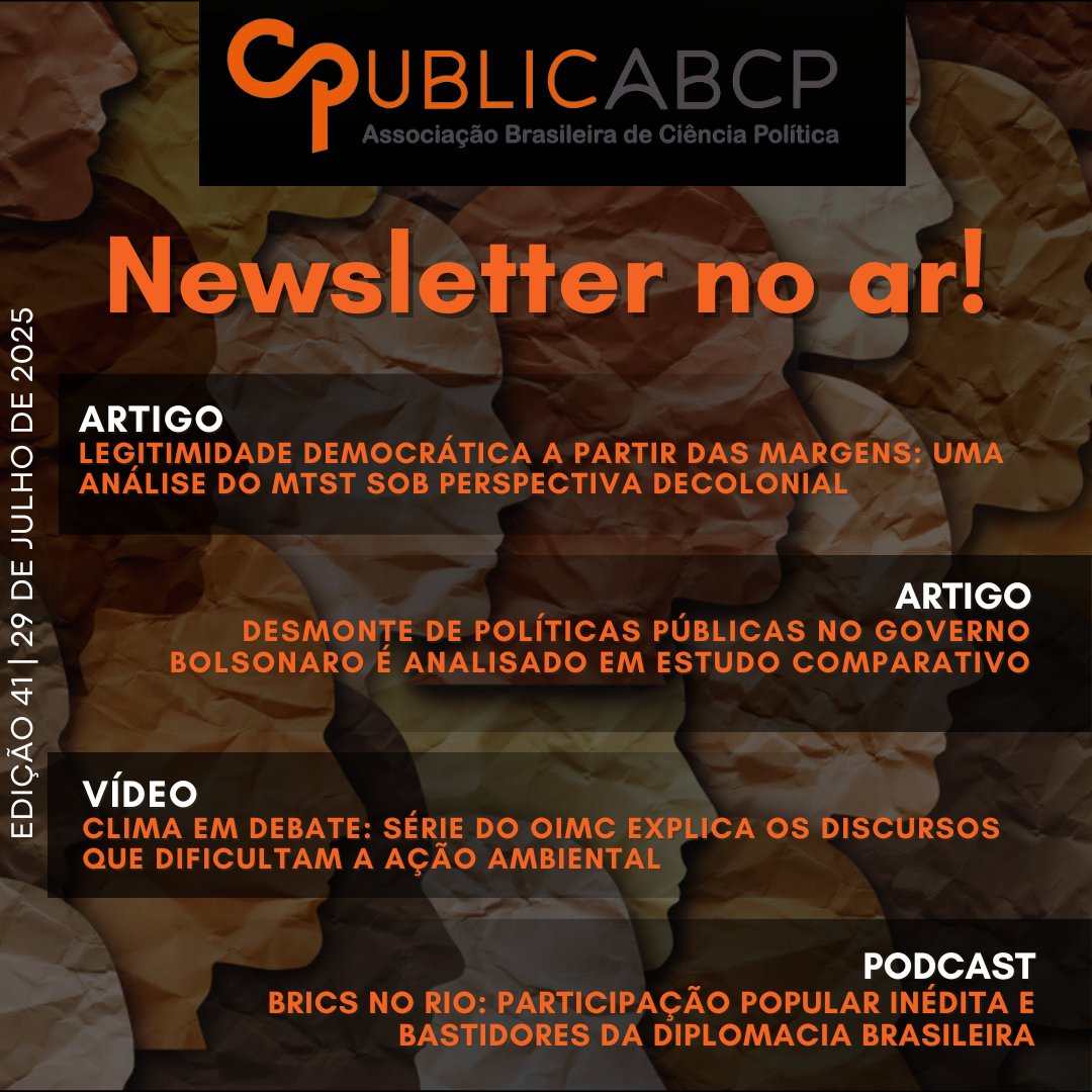ABCP_bot's tweet image. 📢 Nova newsletter do PublicABCP🔶
.
Confira a curadoria de conteúdo desta quinzena:
.
Acesse o conteúdo no site do PublicABCP:
publicabcp.org.br
.
#ABCP #publicabcp #CiênciaPolítica #politicalscience #cienciapolitica