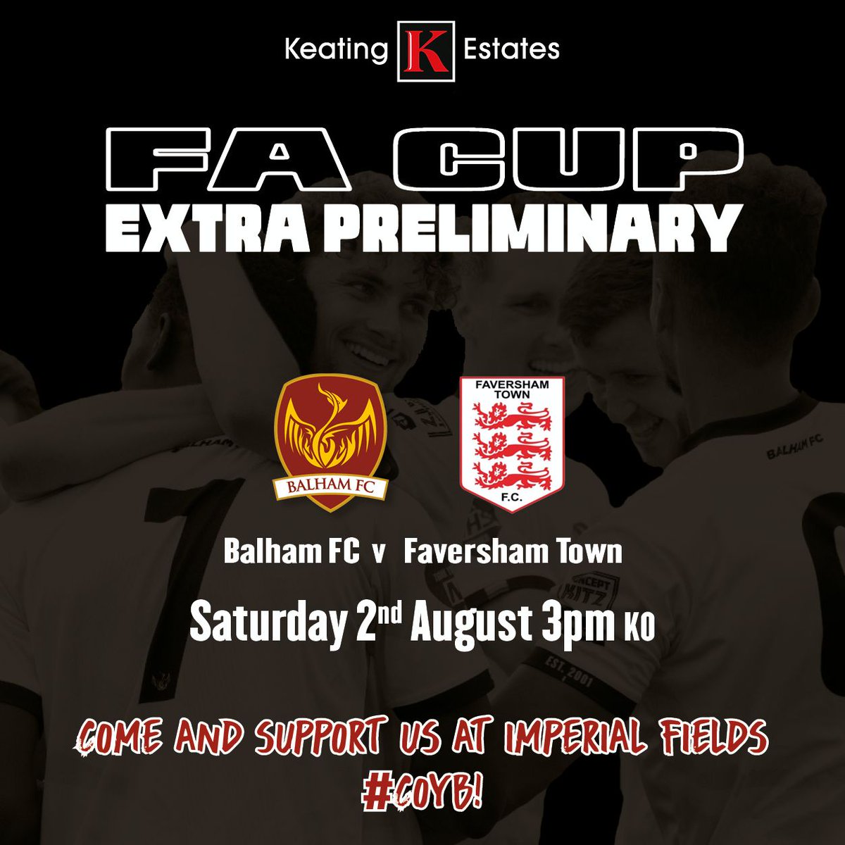 ⚽ Next Up FA Cup ⚽
Extra Preliminary Round

📅Saturday August 2nd
📍Imperial Fields
🕒KO 3pm
🆚 <a href="/FavershamTownFC/">Faversham Town F.C.</a>
<a href="/ComCoFL/">Combined Counties Football League</a>
🍺🍔Bar &amp; Kiosk open
🎟Adult £8 // Concessions £5 // U18s go free!

#BFC✨🏆 #grassroots

<a href="/KeatingEstates/">Keating Estates</a>

<a href="/bigyellowss/">Big Yellow</a>

#71blue