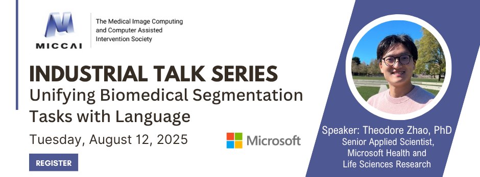 MICCAI (@miccai_society) on Twitter photo Biomedical image analysis is fundamental for biomedical discovery. Learn more from Theodore Zhao, PhD, in our next #MICCAI Industrial Talk Series presentation.
🗓️ Tues, Aug 12th
⏰ 10:30 am EDT / 4:30 pm CEST
🔗
us02web.zoom.us/webinar/regist…
<a href="/MiccaiStudents/">MICCAI Students</a> <a href="/WomenInMICCAI/">Women in MICCAI</a> <a href="/RMiccai/">RISE MICCAI</a> Biomedical image analysis is fundamental for biomedical discovery. Learn more from Theodore Zhao, PhD, in our next #MICCAI Industrial Talk Series presentation.
🗓️ Tues, Aug 12th
⏰ 10:30 am EDT / 4:30 pm CEST
🔗
us02web.zoom.us/webinar/regist…
<a href="/MiccaiStudents/">MICCAI Students</a> <a href="/WomenInMICCAI/">Women in MICCAI</a> <a href="/RMiccai/">RISE MICCAI</a>