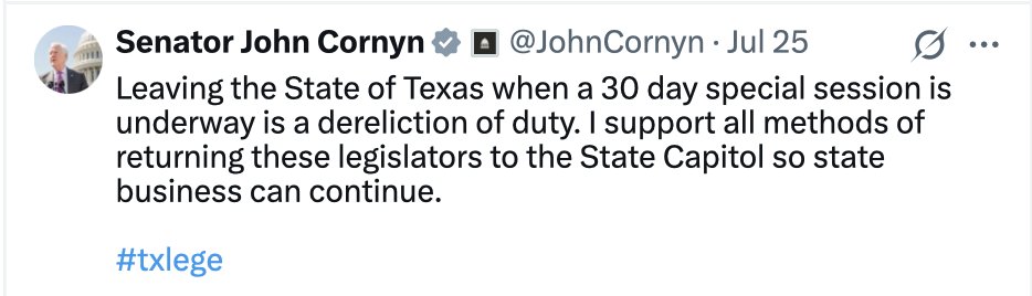 i don't think people get how deeply weird these threats are. paxton says dems who leave TX to stop the redistricting map "should be found and arrested no matter where they go" &amp; cornyn supports "all methods of returning" them. they need to clarify what they mean &amp; how it's legal.
