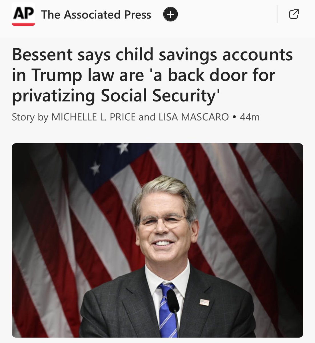 The Tennessee Holler (@thetnholler) on Twitter photo Quiet part out loud — “The children's savings program included in Trump's (Trillions Transfer) is a back door for privatizing Social Security, Treasury Secretary Scott Bessent said Wednesday.”
apnews.com/article/trump-… Quiet part out loud — “The children's savings program included in Trump's (Trillions Transfer) is a back door for privatizing Social Security, Treasury Secretary Scott Bessent said Wednesday.”
apnews.com/article/trump-…