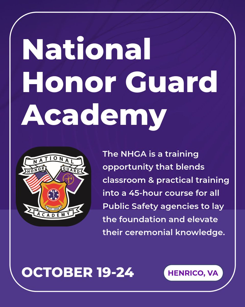 Virginia Department of Fire Programs (@vafireprograms) on Twitter photo Register today for the National Honor Guard Academy!
The week-long training is happening October 19-24 at the Henrico Public Safety Training Center. bit.ly/4jTm0bW
To register, email a completed application to: info@nationalhonorguardacademy.com Register today for the National Honor Guard Academy!
The week-long training is happening October 19-24 at the Henrico Public Safety Training Center. bit.ly/4jTm0bW
To register, email a completed application to: info@nationalhonorguardacademy.com