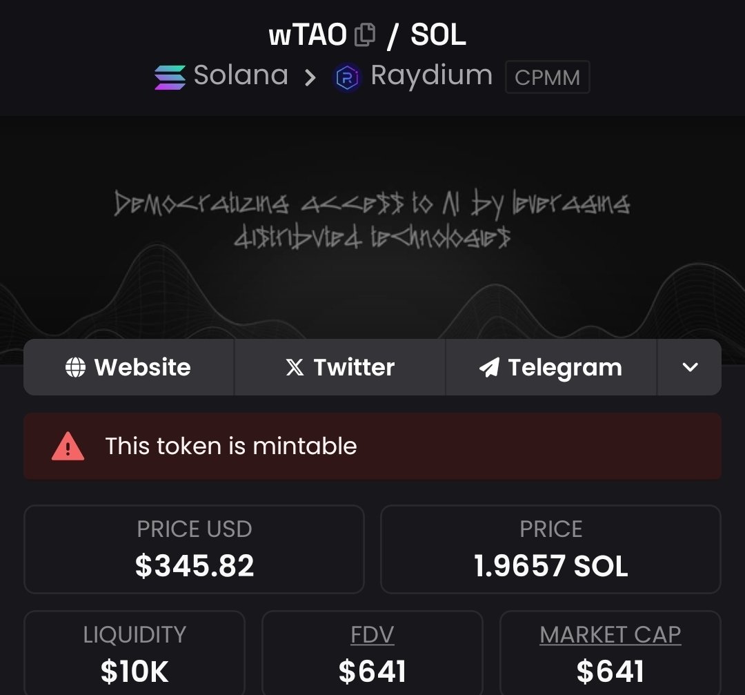 $10k liqudity for $wTao on sol now.

on x, when talking $tao, you can share the dexscreener link:
dexscreener.com/solana/DVCdnRp…

or the ca (contract address for solana):
9wAKgC8zXwSGaNgtkoNeFFkAfuBkW4BfUUuPkrx6nrQQ

this will make it easy for solana traders to find the token.

more
