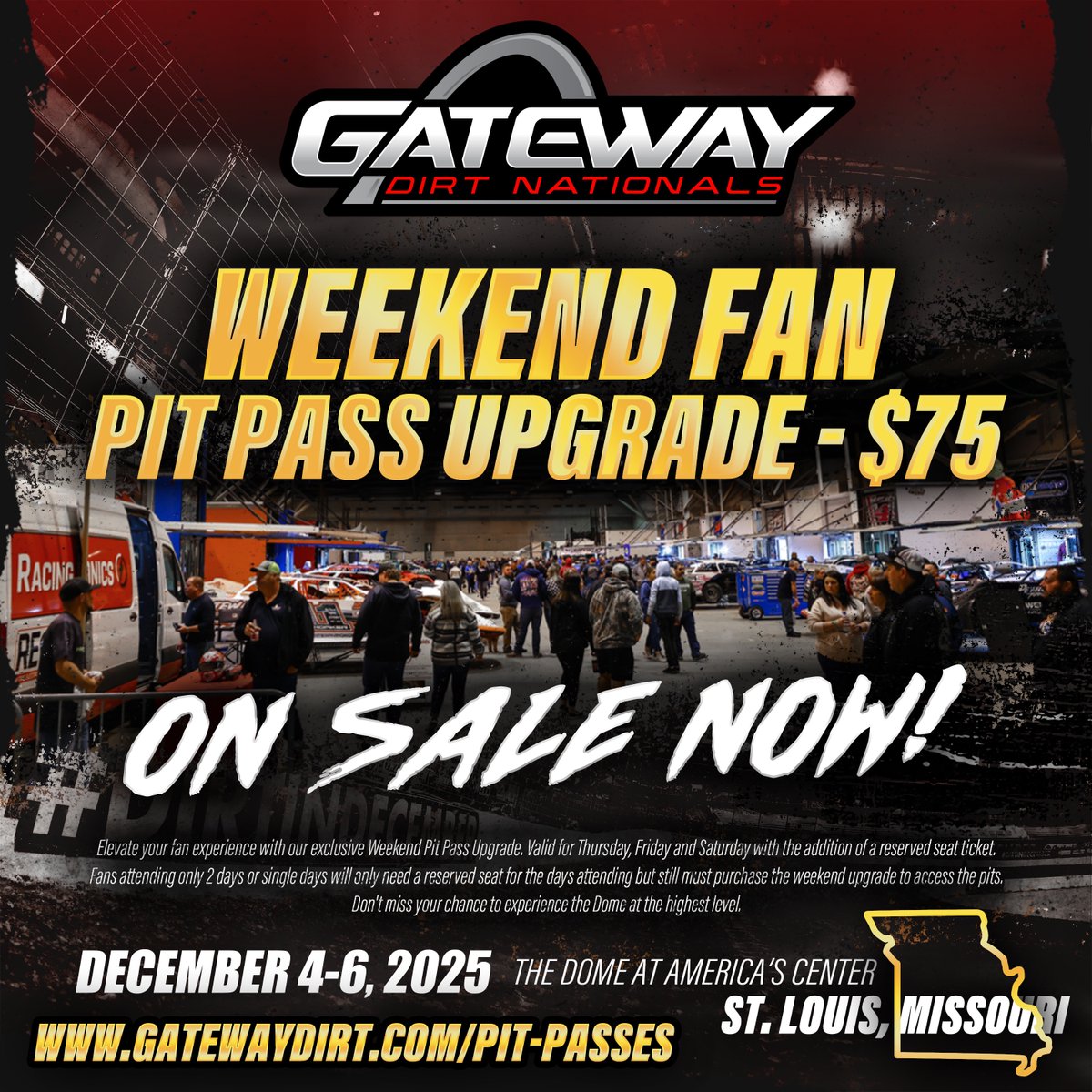 GatewayDirtNationals | #DirtInDecember (@gatewaydirt) on Twitter photo WEEKEND FAN PIT PASS UPGRADE on sale NOW at GatewayDirt.com/Tickets 🎟️
Elevate your <a href="/GatewayDirt/">GatewayDirtNationals | #DirtInDecember</a> Nationals fan experience with our exclusive Weekend Pit Pass Upgrade. Valid for Thursday, Friday and Saturday with the addition of a reserved seat ticket. Don't miss your chance to WEEKEND FAN PIT PASS UPGRADE on sale NOW at GatewayDirt.com/Tickets 🎟️
Elevate your <a href="/GatewayDirt/">GatewayDirtNationals | #DirtInDecember</a> Nationals fan experience with our exclusive Weekend Pit Pass Upgrade. Valid for Thursday, Friday and Saturday with the addition of a reserved seat ticket. Don't miss your chance to
