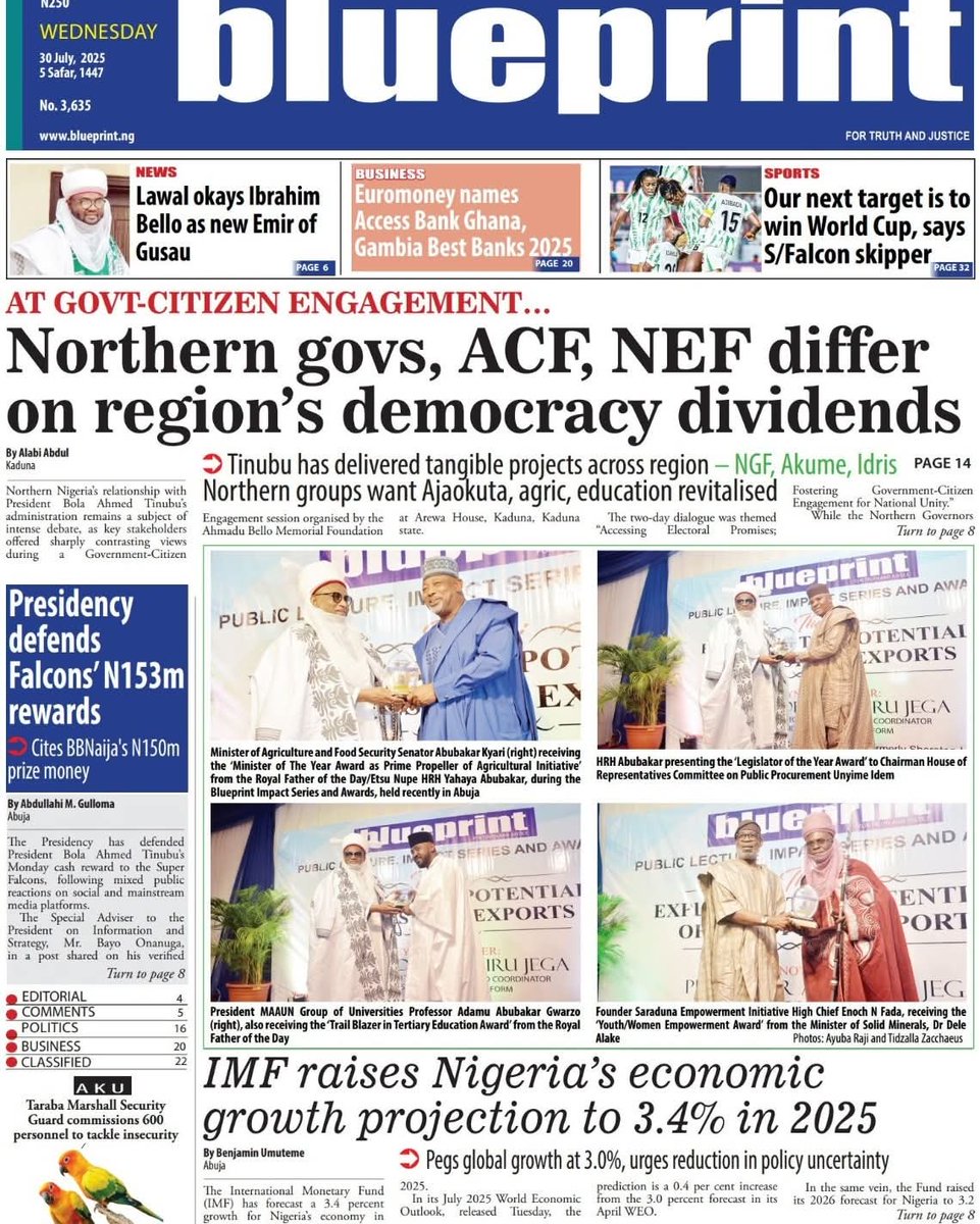 _Princeojimba's tweet photo. Newspaper 📰 🗞️ headlines in Nigeria Wednesday July 30 2025 Please follow and retweet
Xavi Simons #TiwaSavage Shaka Sesko Galatasaray Jorrel Hato Igbo #earthquake #realmenigeria $AIR Cuppy Gigi Governor Amuneke Eth OS Brand #BBNaija Laptop Yoruba $HOME #depreme $kohi Hojlund https://t.co/T4USMueDZZ