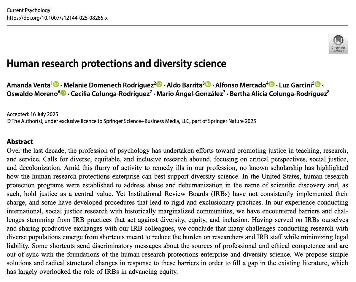 AldoBarrita's tweet photo. 🚨New publication🚨

Human research protections and diversity science

This theoretical paper addresses limitations with the IRB process when trying to conduct social justice research and provides suggestions based on aspects of Diversity Science

Grateful for the coalition of LIHA and leadership of Dr. Amanda Venta in this paper!

#SHARE #REPOST #IRB #SocialJusticeResearch

🔗 Paper
https://t.co/HlFCNiixdW