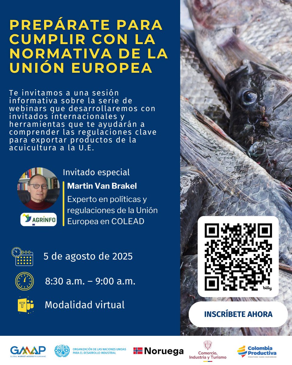 GMAP Colombia (@gmapcolombia) on Twitter photo ¿Exportas productos acuícolas o quieres empezar?
Prepárate para cumplir con la normativa de la 🇪🇺.
Únete a nuestra sesión informativa.
🎙 Martin Van Brakel – COLEAD
📅 5 de agosto | 🕣 8:30 a.m.
🔗 bit.ly/3J5opTT
<a href="/ONUDIColombia/">ONUDI en Colombia</a> <a href="/noradno/">Norad</a> <a href="/MincomercioCo/">MinComercio Colombia</a> <a href="/Col_Productiva/">Colombia Productiva</a> ¿Exportas productos acuícolas o quieres empezar?
Prepárate para cumplir con la normativa de la 🇪🇺.
Únete a nuestra sesión informativa.
🎙 Martin Van Brakel – COLEAD
📅 5 de agosto | 🕣 8:30 a.m.
🔗 bit.ly/3J5opTT
<a href="/ONUDIColombia/">ONUDI en Colombia</a> <a href="/noradno/">Norad</a> <a href="/MincomercioCo/">MinComercio Colombia</a> <a href="/Col_Productiva/">Colombia Productiva</a>