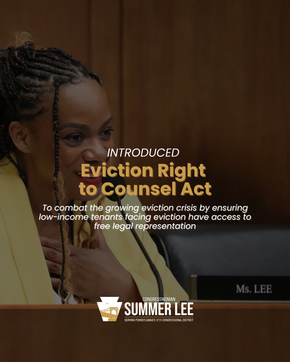 Rep. Summer Lee (@repsummerlee) on Twitter photo No one should lose their home simply because they canβt afford a lawyer.
The Eviction Right to Counsel Act is about supporting working people and ensuring they have a fighting chanceβand that starts with legal representation.
I am proud to partner with <a href="/SenBooker/">Sen. Cory Booker</a> and No one should lose their home simply because they canβt afford a lawyer.
The Eviction Right to Counsel Act is about supporting working people and ensuring they have a fighting chanceβand that starts with legal representation.
I am proud to partner with <a href="/SenBooker/">Sen. Cory Booker</a> and