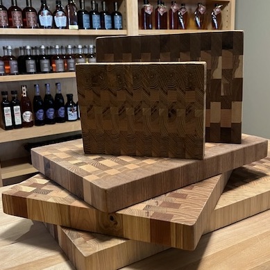 Handcrafted end grain cutting boards by Matt Rozler are truly functional art. Each one is unique in woods used and design. Solid and heavy, the boards stay still while you slice and dice. Beautiful as charcuterie servers too. Five sizes. Wonderful gifts!