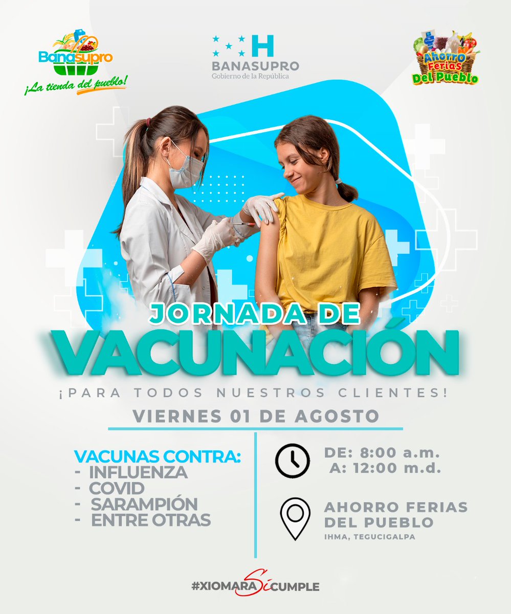 💉🛡️ ¡Cuidamos de vos y tu familia!
Este viernes 01 de agosto, te esperamos en nuestra Jornada de Vacunación en el Ahorro Ferias del Pueblo – IHMA, Tegucigalpa.
🕗 De 8:00 a.m. a 12:00 m.d.
📌 Vacunas disponibles contra:
✅ Influenza
✅ COVID
✅ Sarampión
