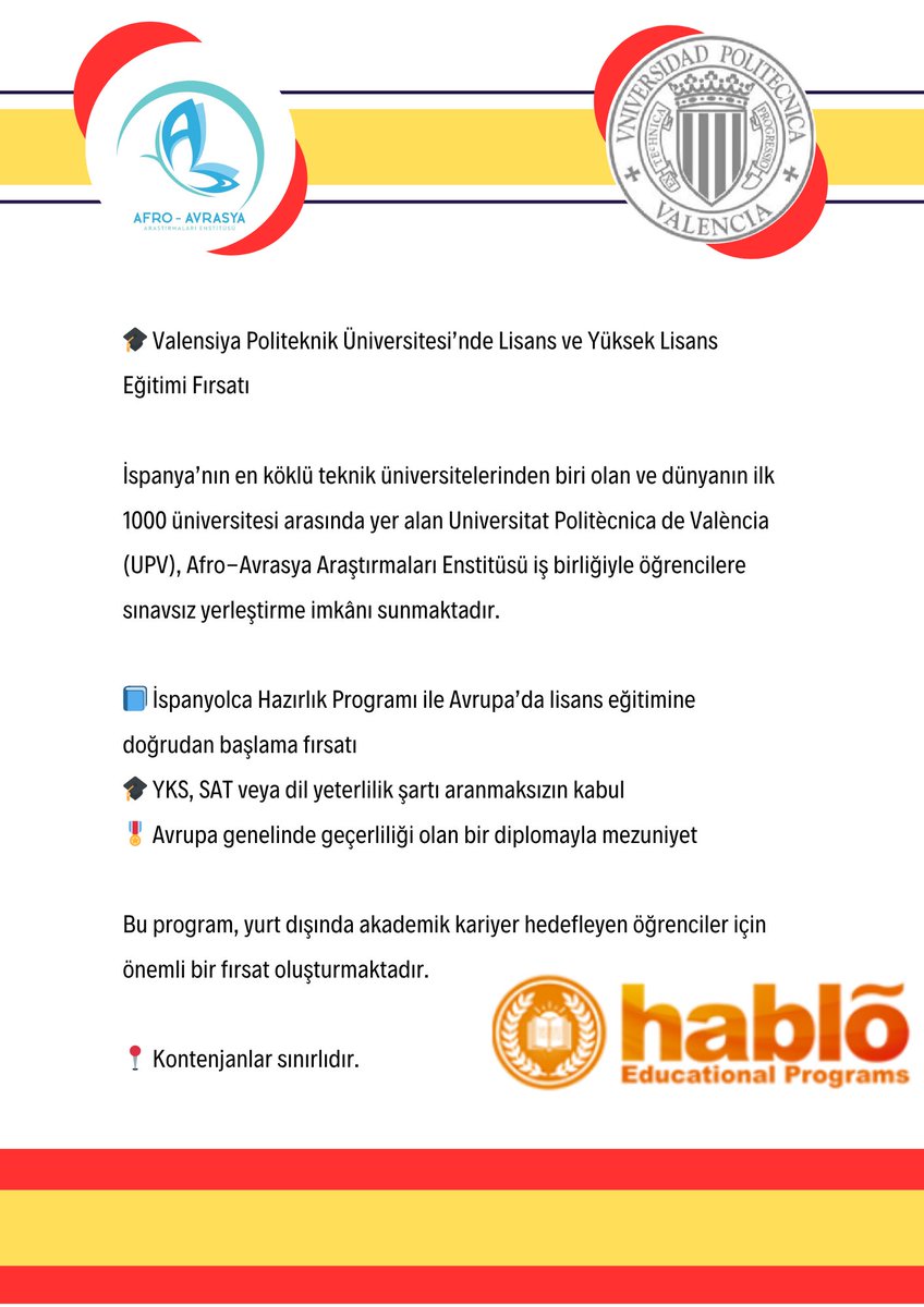 🎓 Afro-Avrasya Araştırmaları Enstitüsü’nden Uluslararası Akademik İş Birliği 

Afro-Avrasya Araştırmaları Enstitüsü olarak, yurt dışında yükseköğrenim görmek isteyen öğrencilerimize destek olmayı amaçlayan akademik bir iş birliği geliştirmiş bulunmaktayız.
İspanya’da faaliyet