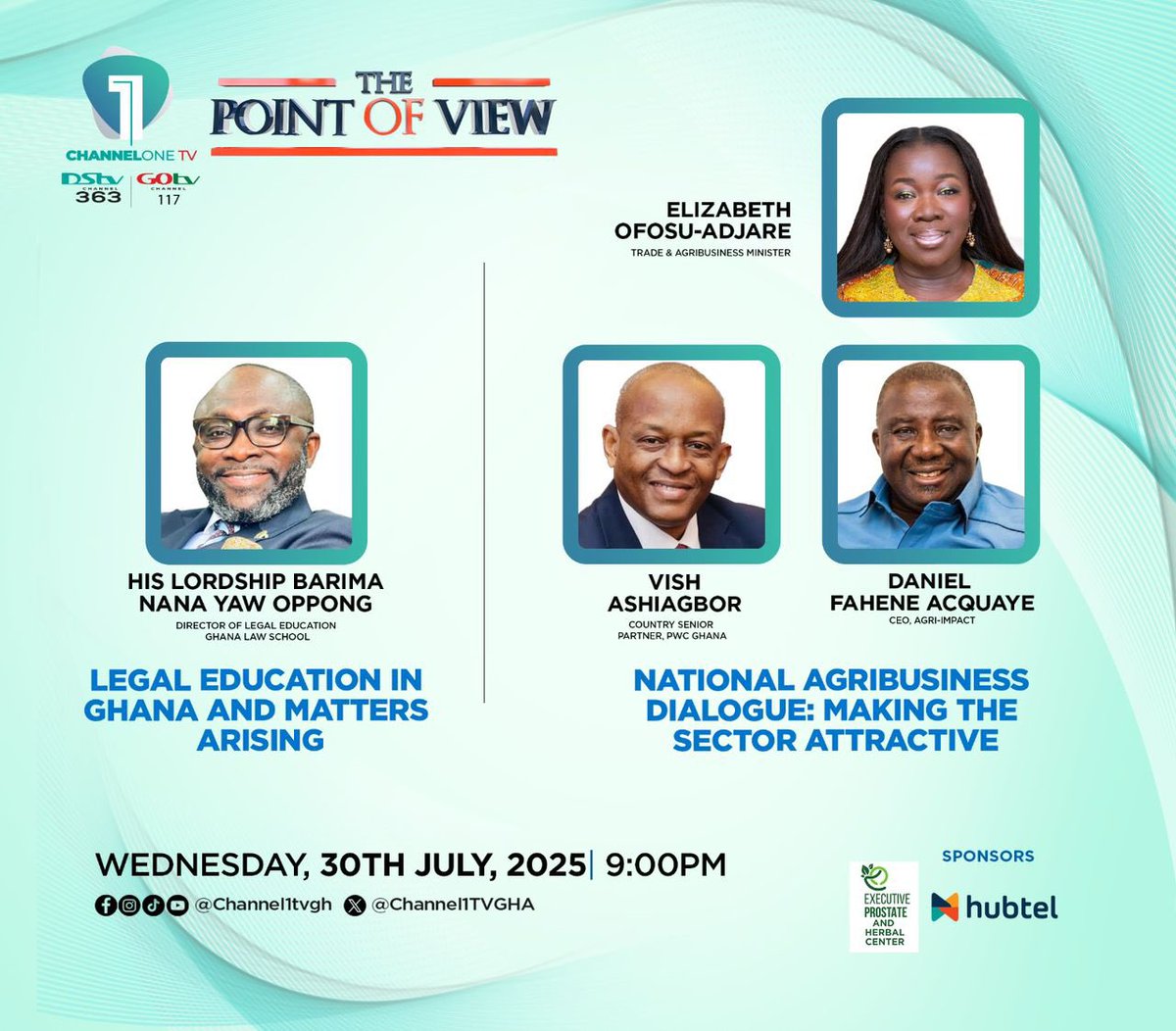 Citi973's tweet photo. Tonight on #ThePointofView with @benkoku :
His Lordship Barima Nana Yaw Oppong, Director of Legal Education at the Ghana School of Law on the state of legal education in Ghana and key issues affecting the sector.
Plus, A conversation on the National Agribusiness Dialogue: How can we make the sector more attractive?
Guests include the CEO of @AgriImpactLtd , Daniel Fahene Acquaye, the Minister for Trade and Agribusiness, @ofosu_adjare and Country Sector Partner for PWC Ghana, Vish Ashigbor.
📍Don’t miss it – 9PM on Channel One TV
#ChannelOneTV