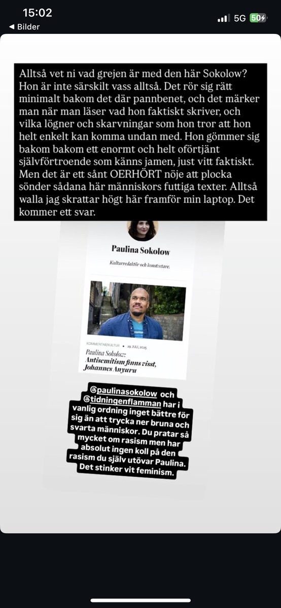 Ett första svar, från hans instagram. Så här kan man också uttrycka sig.

Judinna = vit och för privilegierad för att diskutera rasism. Bra att han tydliggör varför han inte vill att vi pratar om antisemitism mer.

Rör sig minimalt bakom pannbenet, en sann poet är han.