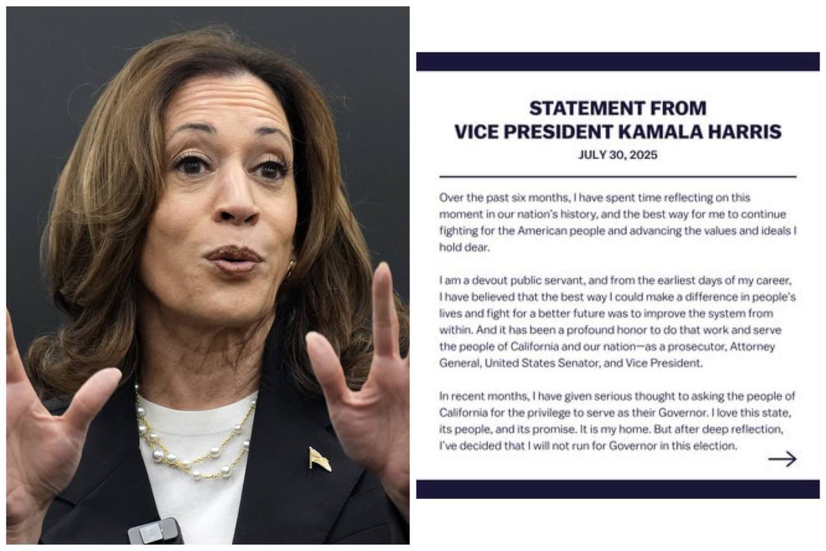 JUST IN — Kamala Harris says she won’t run for California governor in 2026 

LOL!
