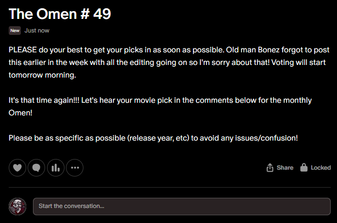 SlasherRadio's tweet photo. The Omen is open! 😈
This is where Patreon members get to choose our #horror movie topic for next week's episode of #SlasherRadio🔪
Unlock this & more horror-comedy content @ https://t.co/MxOrgtPOah https://t.co/Mh7dbUc4WM