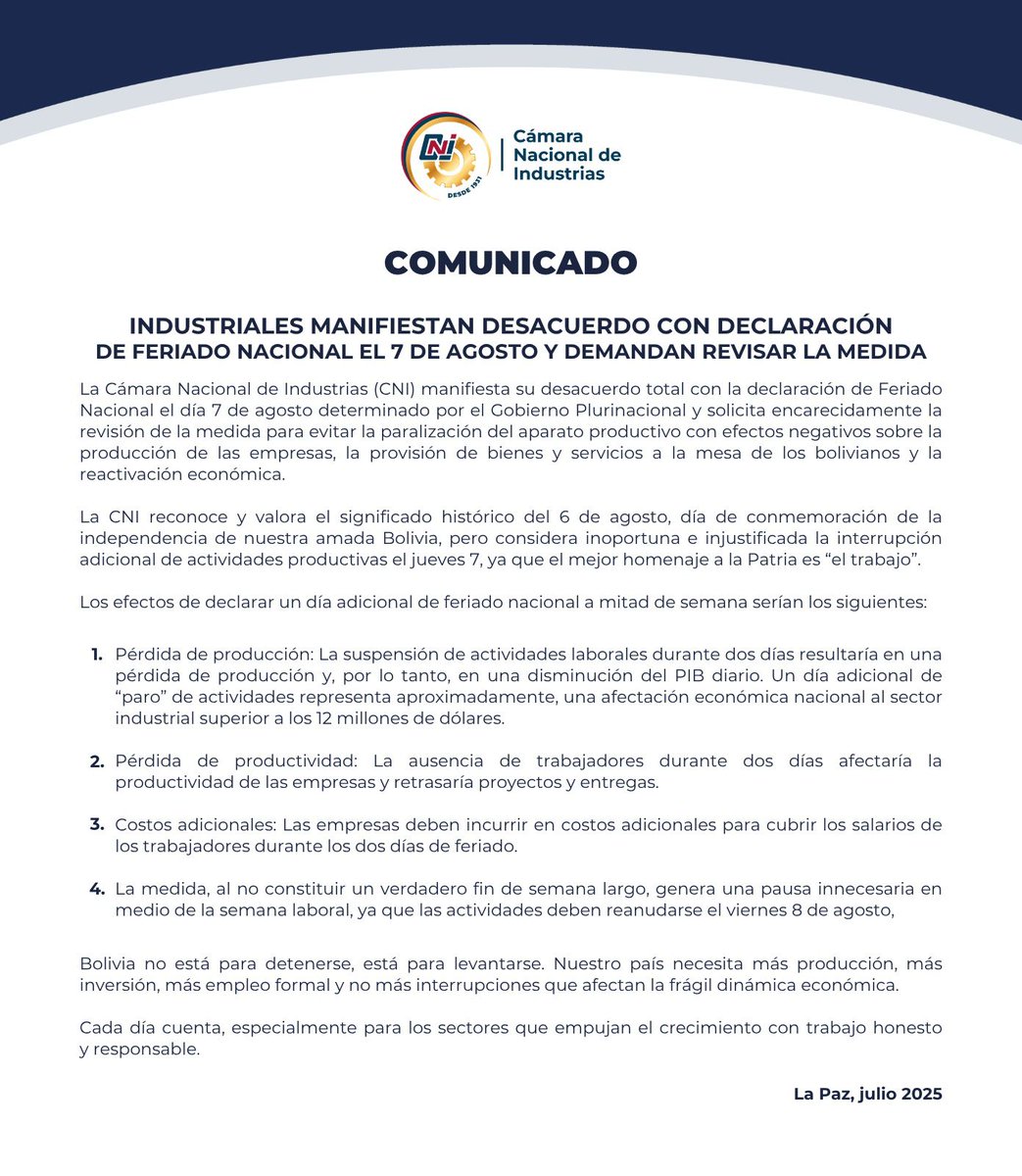 La gente que produce señala que el feriado inventado (7 de agosto) por el gobierno que cada día hunde a Bolivia causará una pérdida de 12 millones de dólares. La CNI pide a Luis Arce, que en su vida tuvo una iniciativa productiva, suspender ese feriado inútil.