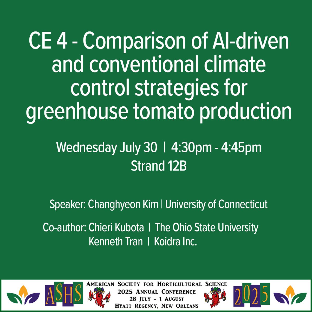 Don’t miss this #Innovative work! Discover how AI-driven climate control compares to conventional strategies in high-wire greenhouse tomato production. Learn how data-trained algorithms impact yield, resource use,  plant physiology—at commercial scale.
<a href="/ASHS_Hort/">ASHS</a> #cea #ASHS2025