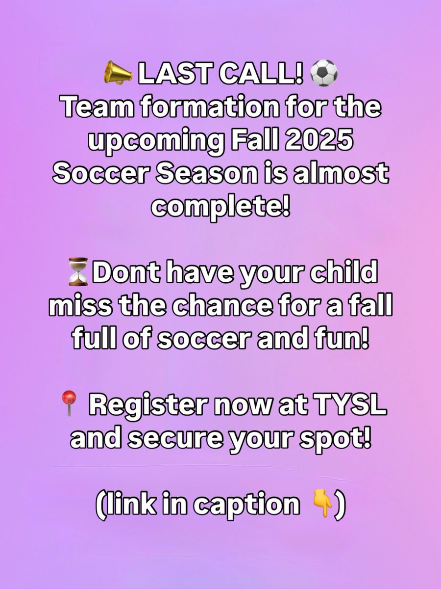 Register now at tysl.info!! 

#TYSL #FallSoccer2025 #YouthSoccer #TheBeautifulGame #SoccerSeason #RegisterNow