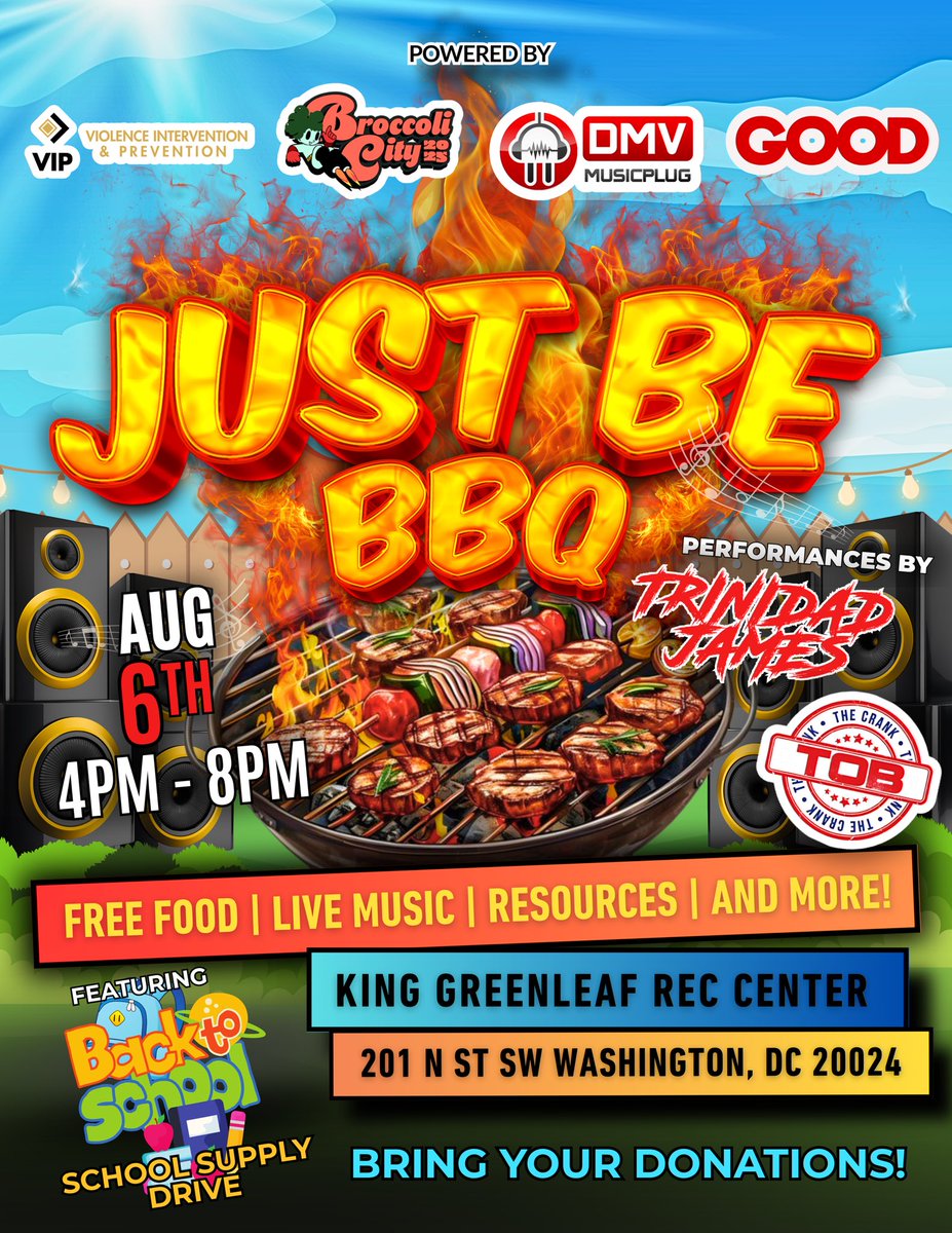 DmvMusicPlug's tweet photo. 🎒🍔 JUST BE COOKOUT 🍦🎶

Pull up and vibe with us Wednesday, August 6th from 4–8PM for the Just Be Cookout — a free community celebration and back-to-school Drive you don’t wanna miss! Along with/ @BroccoliCity @GOODProjectsDC & more great organizations!

📍Location: King Greenleaf Recreation Center, 201 N St SW. Washington, DC 20024

🍽️ Free food, icy treats, games, community resources & more!

Your impact matters!