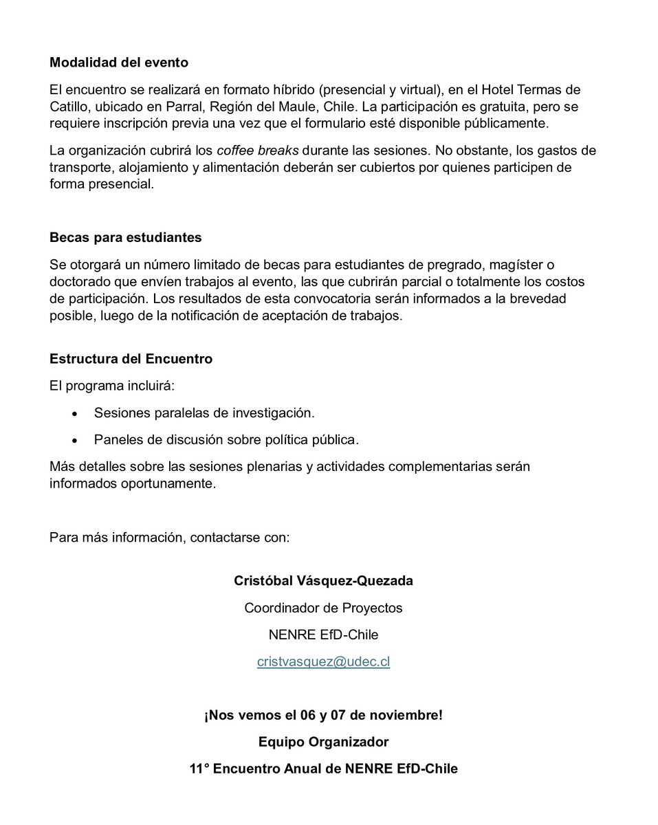 📢Undécimo Encuentro Anual de NENRE EfD-Chile #call
🗓️Fecha: 6 y 7 de Noviembre, 2025
📍Lugar: Hotel Termas de Catillo

Deadline: 5 Septiembre, 2025
👉tinyurl.com/24vnstf4

Más información en👇 tinyurl.com/4yheez2p