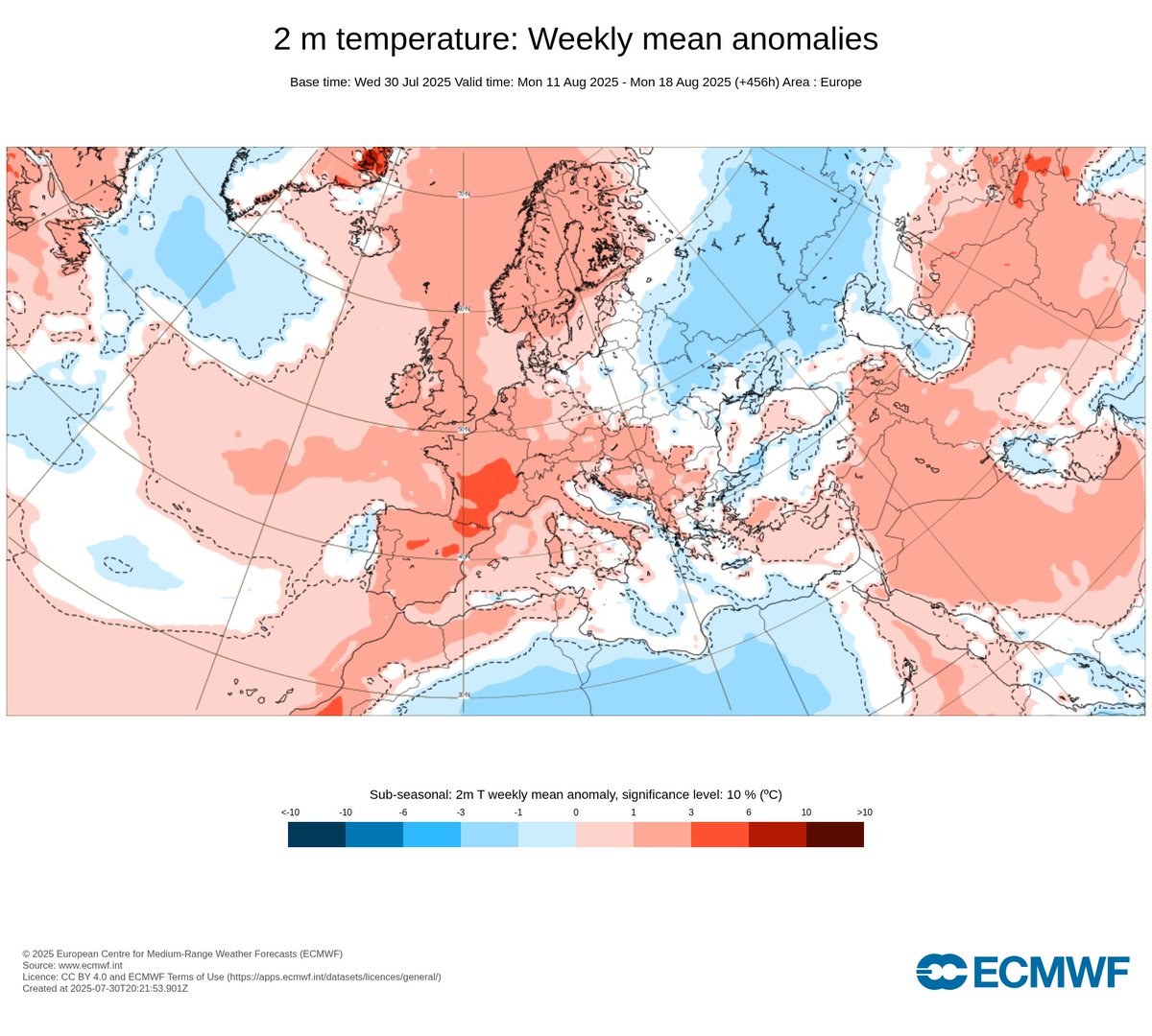 Tendencia a regresar el calor de forma generalizada a la Península, anomalías de temperatura para la semana del 4 al 11 y del 11 al 18 de agosto positivas, además en algunas áreas esas anomalías podrían ser importantes
Veremos cómo evolucionan los mapas estos días.
Modelo ECMWF.