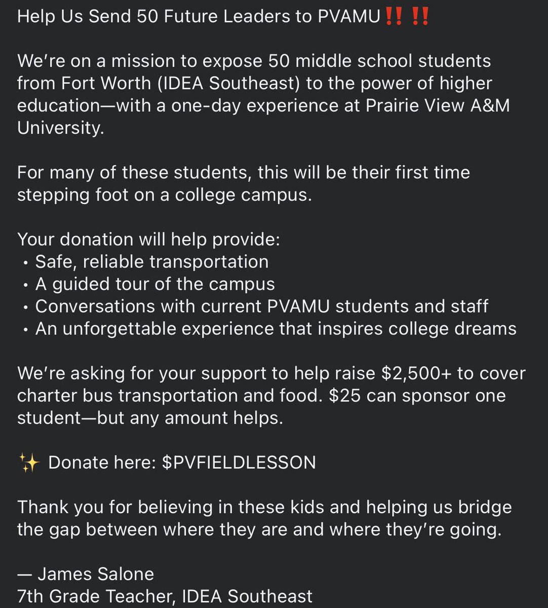jsalone_'s tweet image. Please help me send 50 students to Prairie View A&amp;amp;M University. Any amount will help! Help me keep this tradition going. This will be my 3rd time taking students to PV!