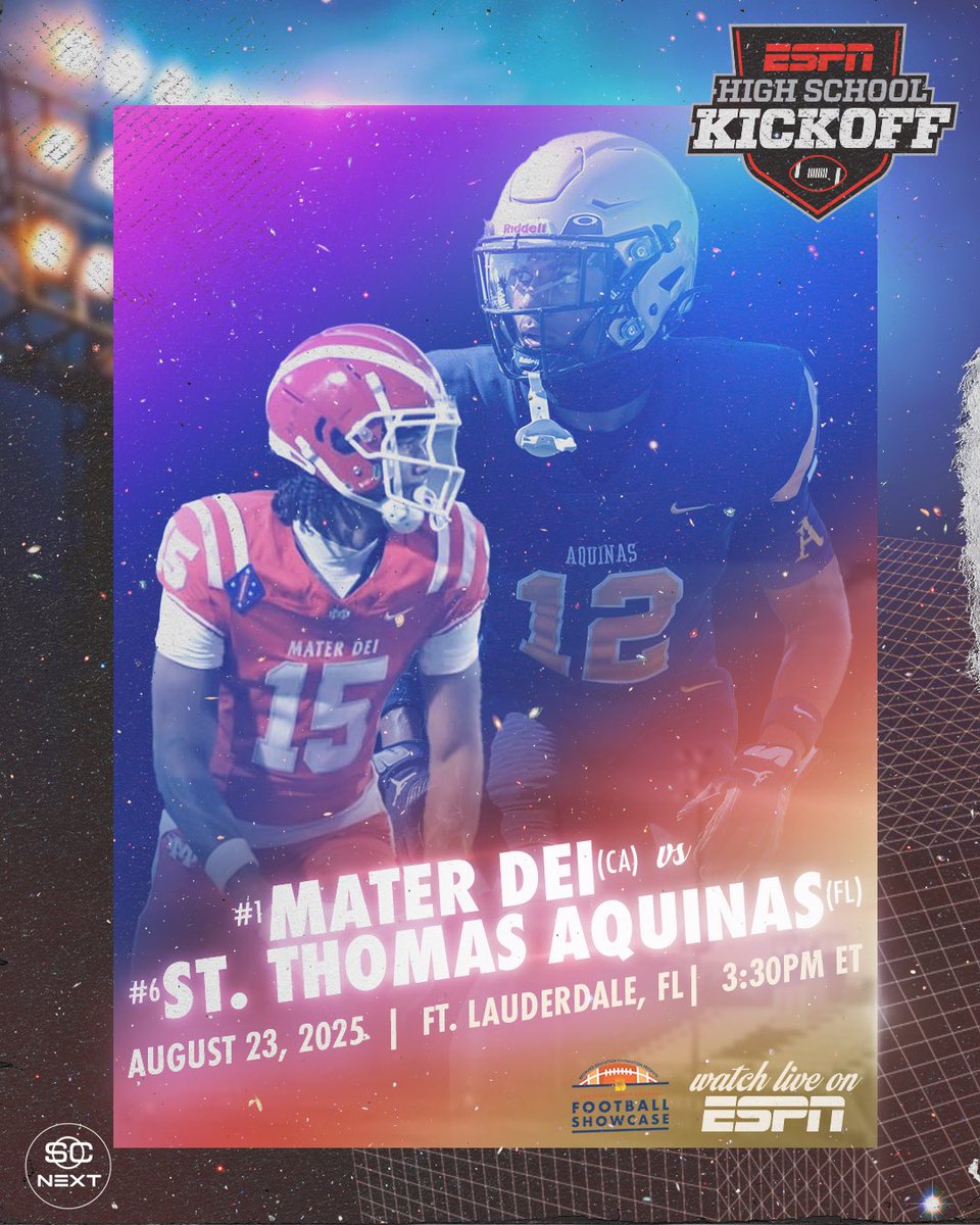 #1 Mater Dei (CA) at #6 St. Thomas Aquinas (FL)

📅 August 23, 2025
📍Ft. Lauderdale, FL
⏰ 3:30PM ET
📺 ESPN