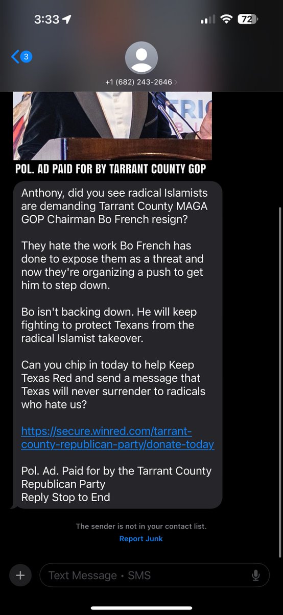 Stateway text ad sent out by the Tarrant county GOP.