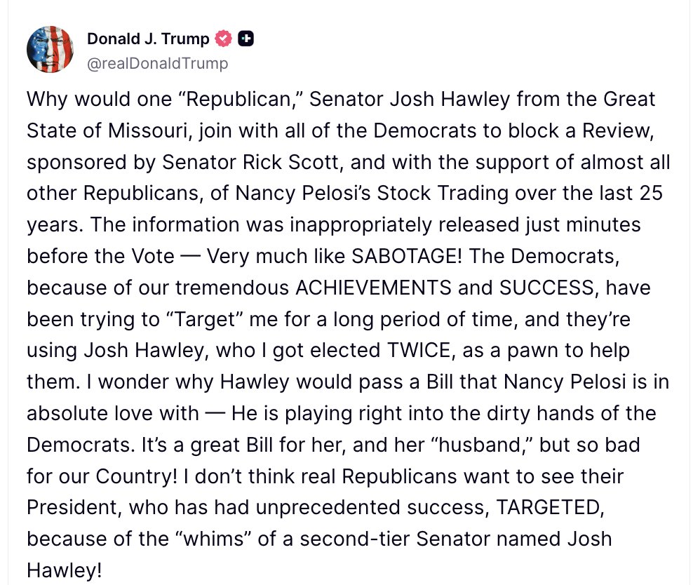 Trump calls Hawley a second-tier senator over stock trading ban spat