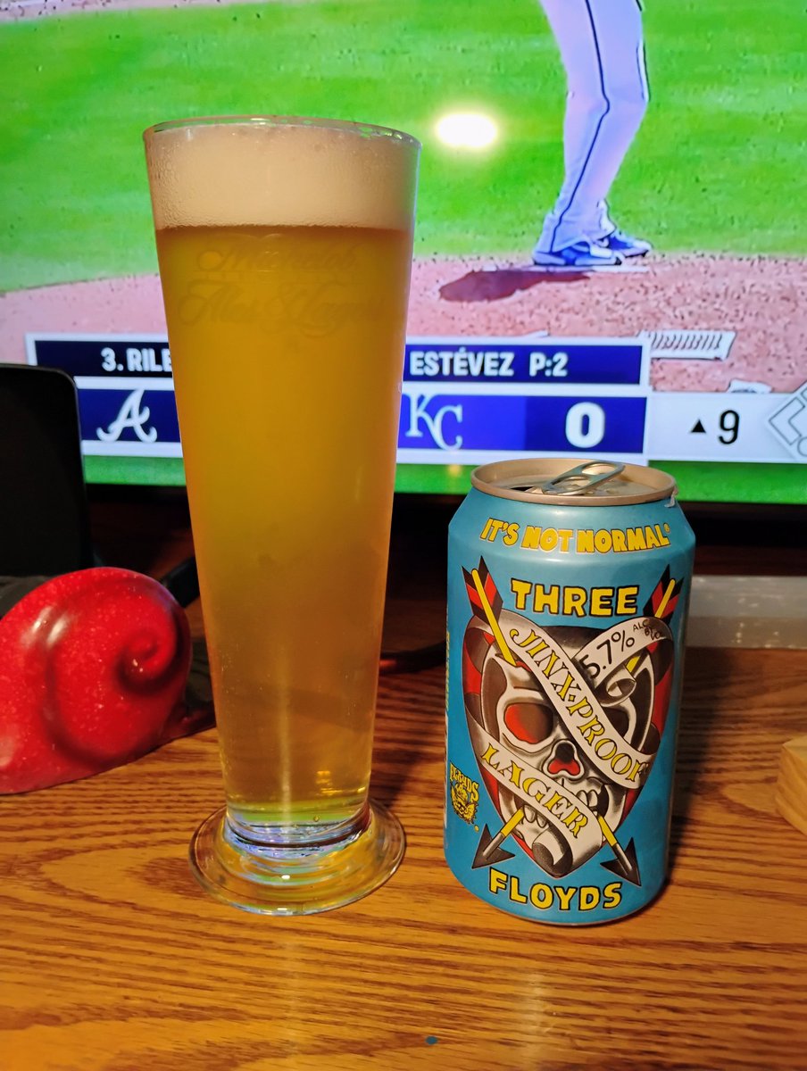 BeerSnobSean's tweet image. Hey, look at that.  The KC Royals have scored 0 runs and it&apos;s in the 9th inning. Big surprise 🙄. This @3floyds 5.7% pilsner &quot;Jinx Proof&quot; is superb and offers some consolation. #properglassware #beer #lagerlife @Indybeersleuth @scottvillers @DingsBeerBlog @DrGoodBeer