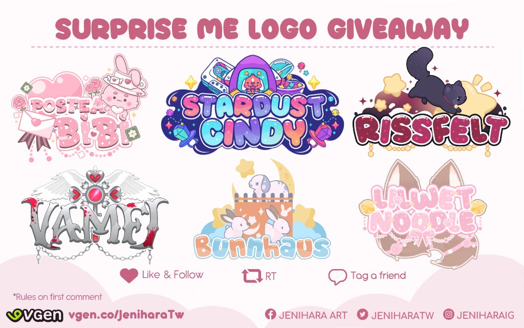 🩶Surprise me Logo Giveaway🩶
End in 48 hours!  
To enter: Retweet- Follow- Tag a friend   
🩷Get yours vgen.co/jeniharatw 
#vtuber