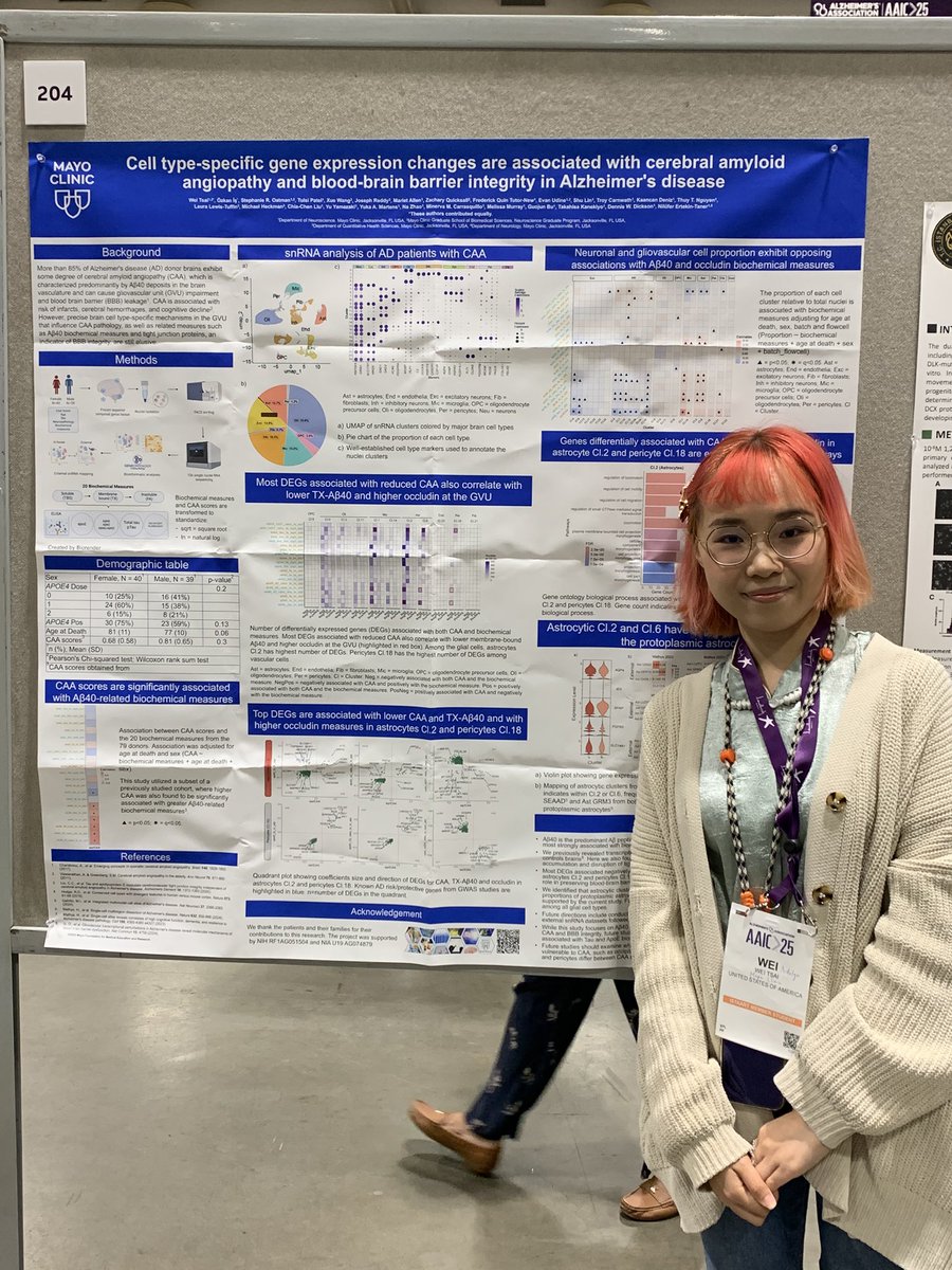 Congratulations <a href="/MayoGradSchool/">Mayo Clinic Graduate School of Biomedical Sciences</a> <a href="/MayoClinicNeuro/">Mayo Clinic Neuro</a> #NETanerLab PhD student Wei Adelyn Tsai on presenting her work on deciphering risk pathways in cerebral amyloid angiopathy and blood brain barrier damage using omics. #AAIC25