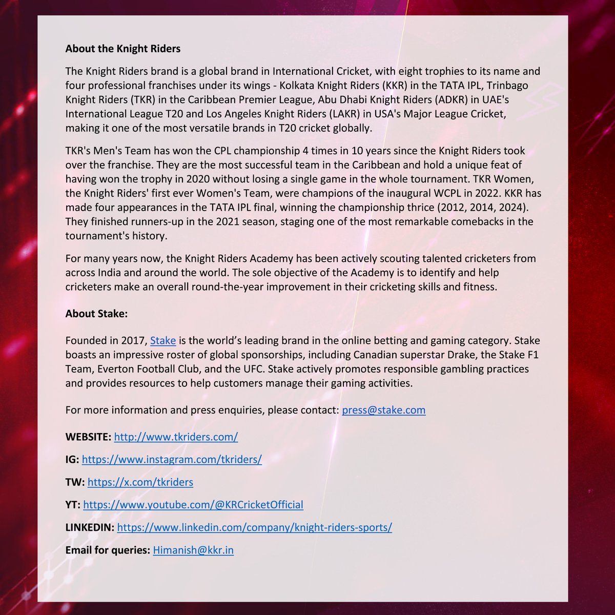 tv6tnt's tweet image. The @TKRiders  (TKR) today announced that Stake, the world's leading online casino and sportsbook, has joined as their official Title partner, marking this milestone for the most successful franchise in the Caribbean Premier League.

#TrinbagoKnightRiders #TKR #SponsoredPost