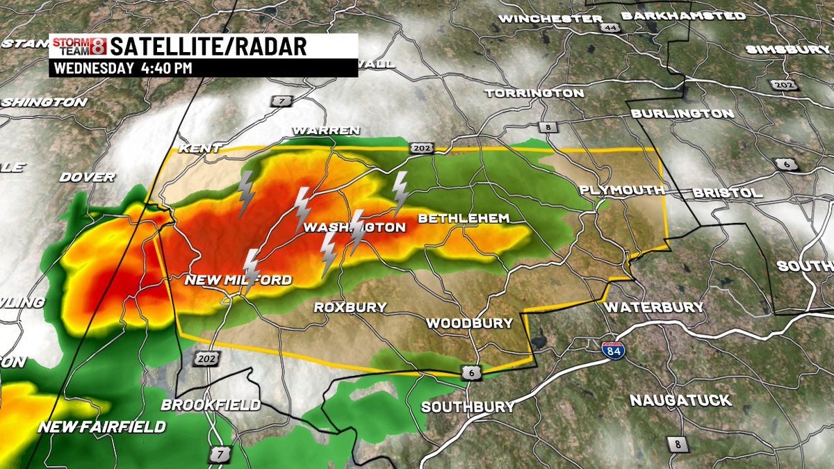 A SEVERE THUNDERSTORM WARNING is up for southern Litchfield Co.

This storm is moving east at 20 MPH.

Expect heavy rain, frequent lightning, possibly hail and gusty winds.

<a href="/WTNH/">WTNH News 8</a>