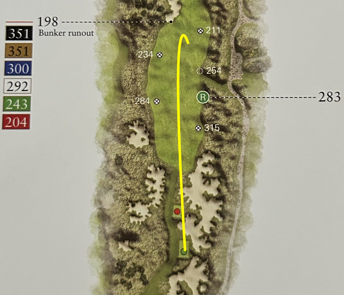 jamierkennedy's tweet image. Using the book, you see the bunker is 243 yards from the green tee.

President Trump&apos;s ball finished 10 yards beyond the 234-yard sprinkler you see here.

So.....

243 - 5 yards (he teed off from the front of the tee)
238 - 26 yards (distance from the bunker)

= 212 yards