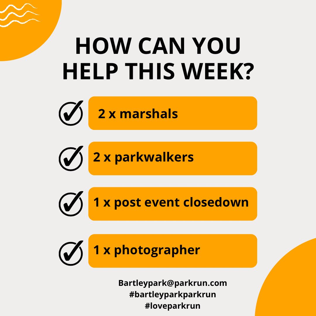 Bartley Park parkrun (@bartleypparkrun) on Twitter photo It’s Wednesday and we’re still looking for
2 x marshal
2 x parkwalkers
1 x post event close down trolley
1 x photographer
Please email bartleypark@parkrun.com.
#loveparkrun #parkrun #BartleyPark #BartleyParkparkrun #Totton #ukrunchat It’s Wednesday and we’re still looking for
2 x marshal
2 x parkwalkers
1 x post event close down trolley
1 x photographer
Please email bartleypark@parkrun.com.
#loveparkrun #parkrun #BartleyPark #BartleyParkparkrun #Totton #ukrunchat