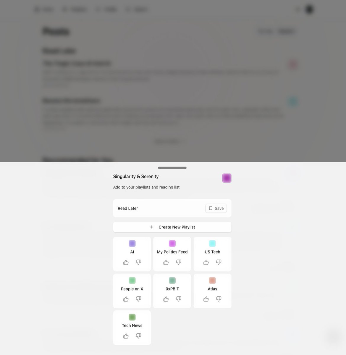 okay recommendations for <a href="/TheWebAtlas/">Atlas</a> are good now. im now going to it instead of doomscrolling.

recommended blogs from <a href="/dhh/">DHH</a>, <a href="/realGeorgeHotz/">George Hotz 🌑</a> based on playlists I have where i've tuned different algorithms with different kinds of content.