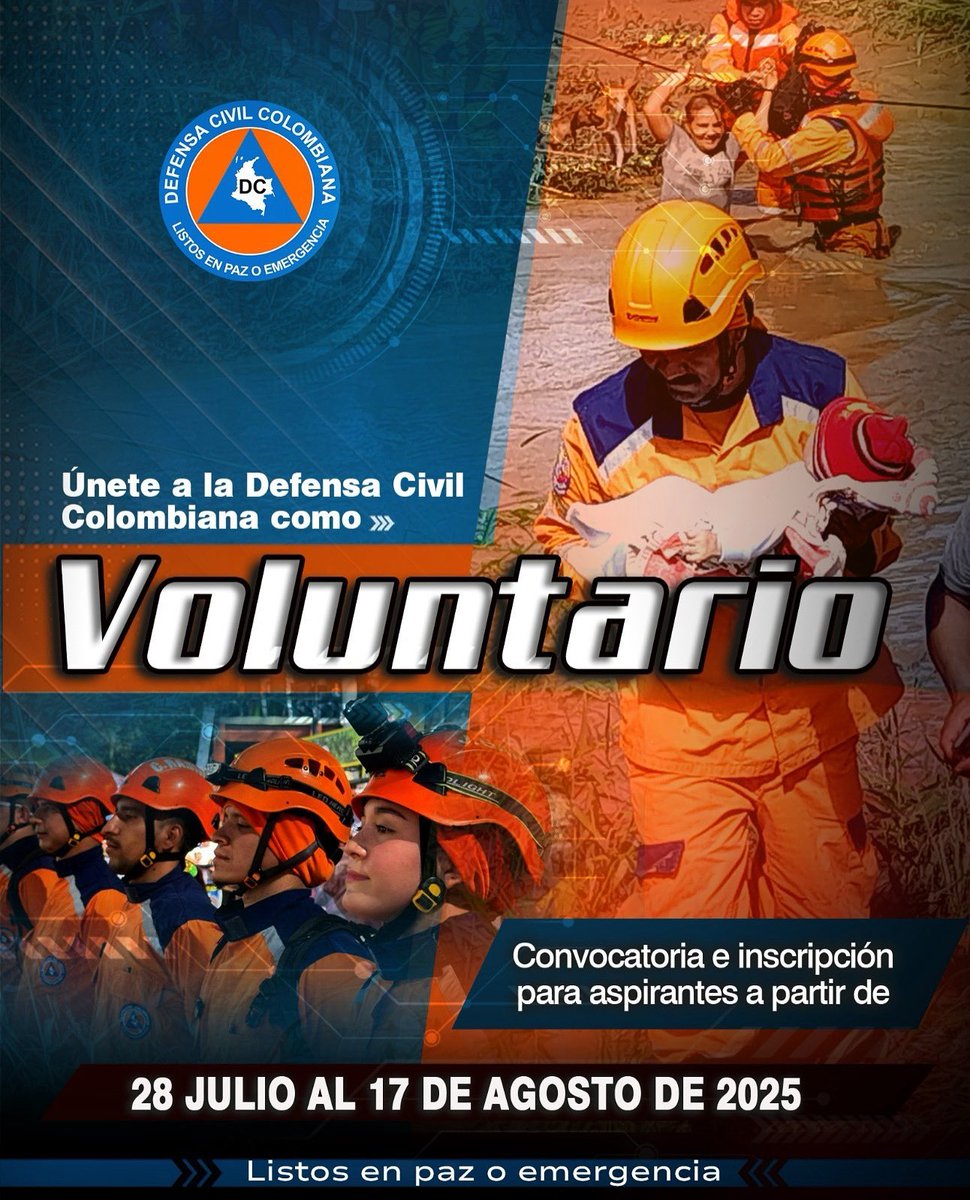 Tu ayuda puede marcar la diferencia. Únete a la Defensa Civil Colombiana 🛟 y sé parte de los que están #ListosEnPazOEmergencia.

Postúlate aquí 👉 forms.gle/M8yQw5gT6BTULV…