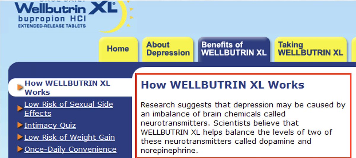 Kim, if your physician was going to prescribe Zoloft or Prozac, you had a serotonin imbalance. But if they prescribed Wellbutrin, the problem was with your dopamine/norepinephrine system. The explanation for your distress depended on what pill they were going to prescribe.